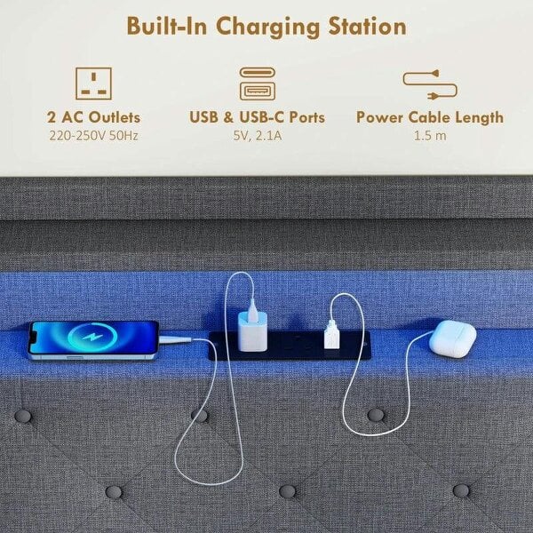 Floating Bed Frame, Upholstered 4ft6 Double Size Bed, Platform Bed with RGB LED Lights and Charging Station, Grey