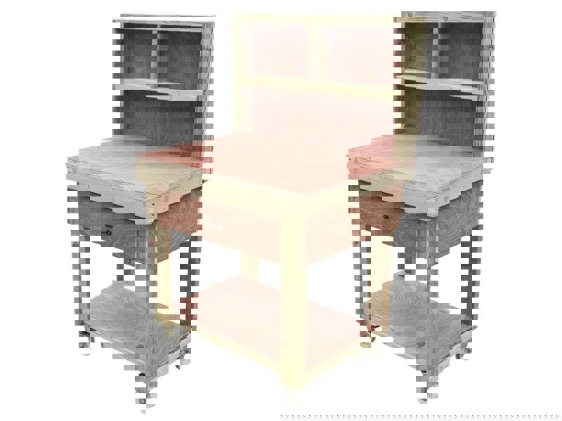 Wooden eucalyptus Top Workbench – Mobile Tool Cabinet with Drawers, Back Panel and wheels, Ideal for Dry Indoor Spaces Such as Garages, Workshops, and Studios.