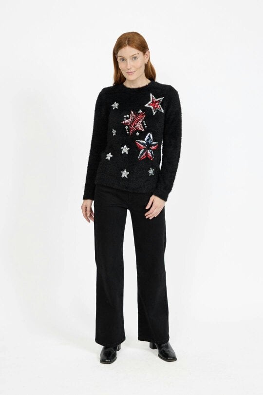Mudflower Embellished Star Burst Fluffy Yarn Christmas Jumper