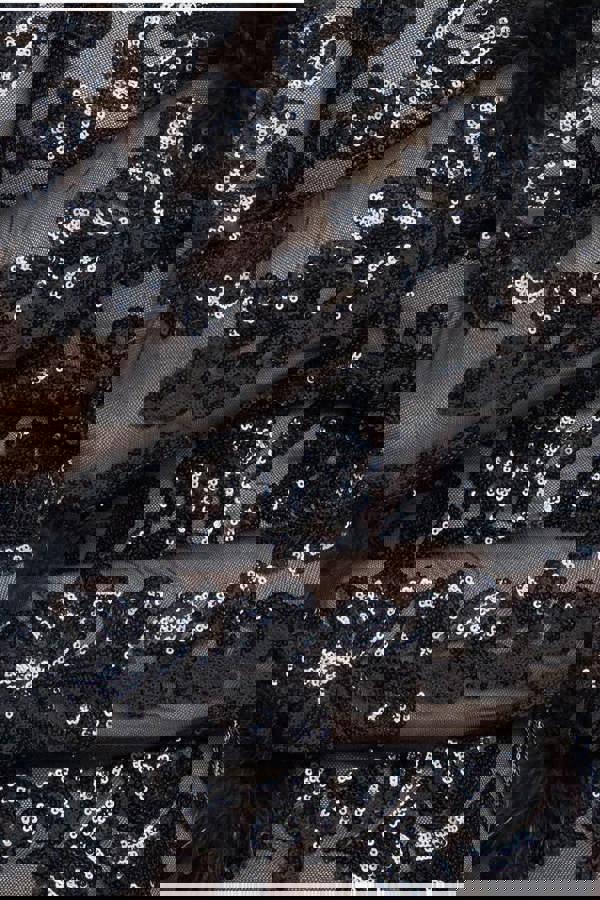 Sequin High Neck Feather Cuff Maxi Dress - Black DR3984