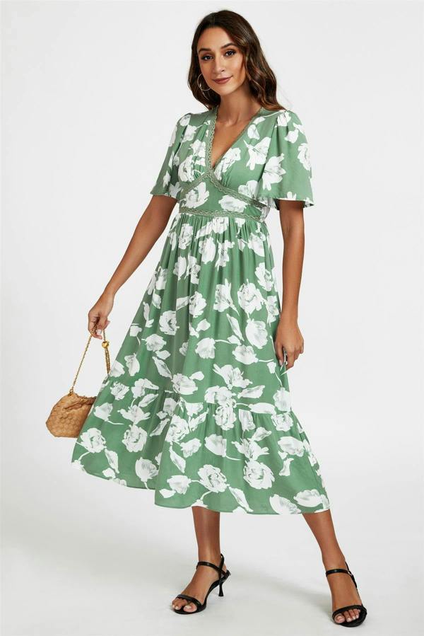 FS Collection White Floral Print Lace Detail Angel Sleeve Midi Dress In Green