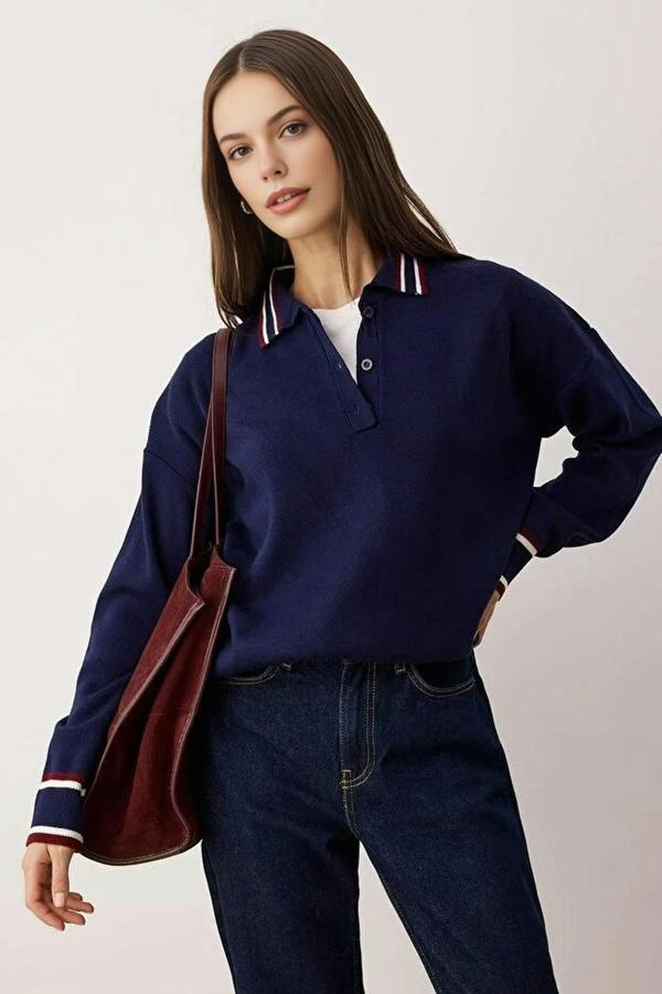 WOVCOR Color Blocked Polo Collar Knit Sweater