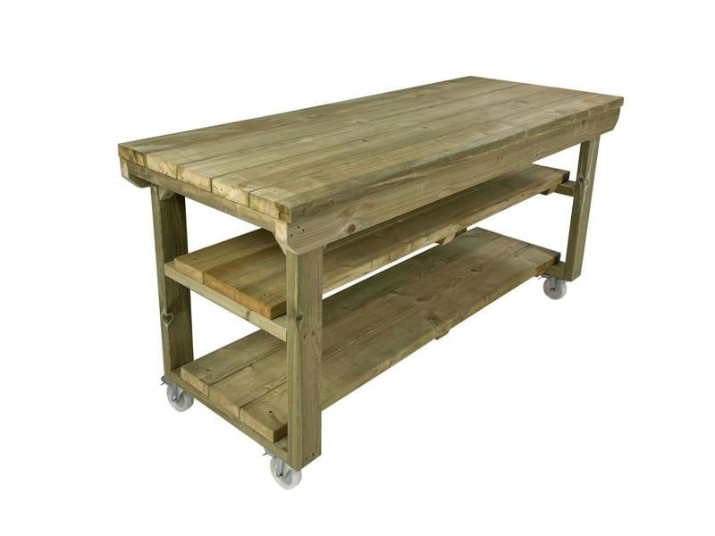 Wooden Super Heavy Duty Indoor/Outdoor Workbench Double Shelf and Wheels, Sturdy Workstation for Garages, Sheds, and Workshops