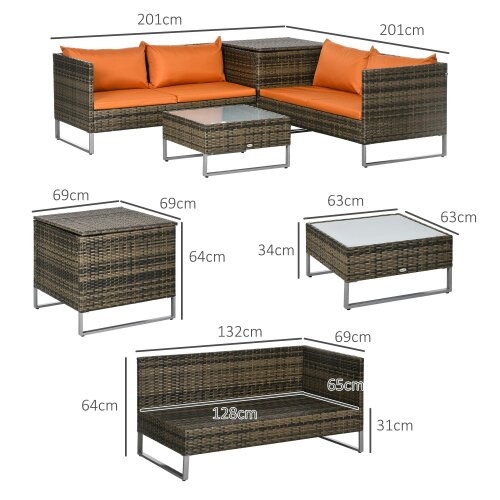 Wyld Haus Vemato Rattan Orange And Brown 4 Seater Garden Furniture Set With Storage Table
