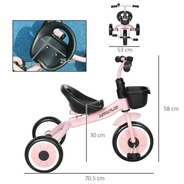 Pink kids tricycle with adjustable seat, black wheels, and front basket