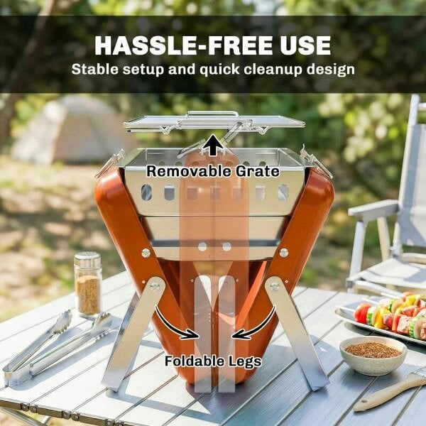 Bobobiy Charcoal BBQ Grill Portable Stainless Steel Barbecue with Tilting Grate for Camping Picnic Garden Orange