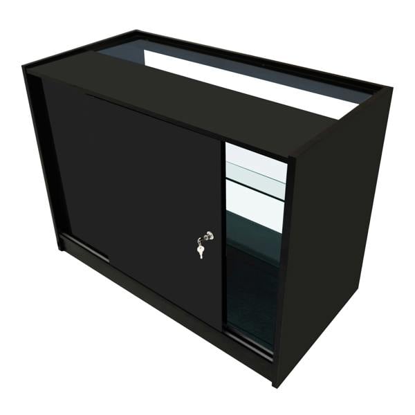 Black Astro LED shop counter set featuring sliding doors, glass shelves, and a sleek, modern design, ideal for retail displays