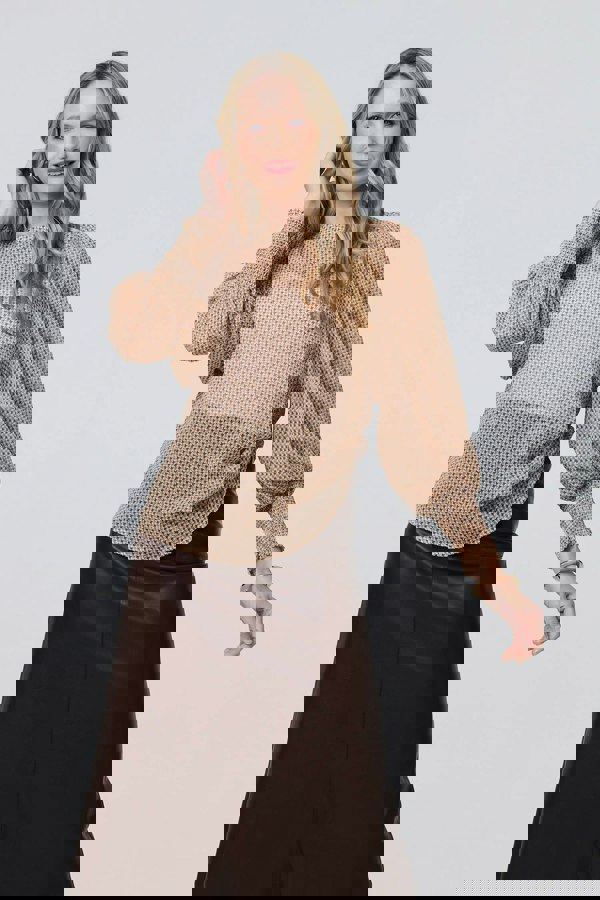 Beige | Mesh Fishnet Long Puff Sleeve Top
