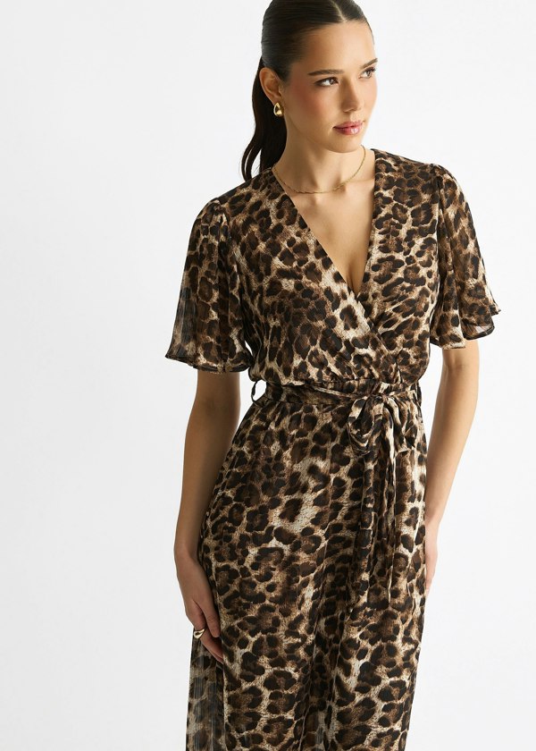 Gini London Brown Chiffon Animal Lurex Stripe Wrap Midi Dress