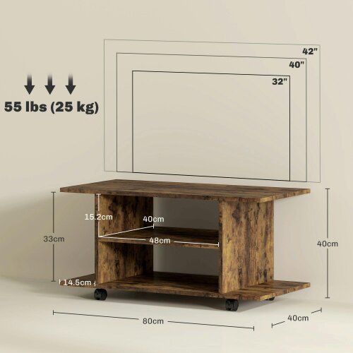 Wyld Haus Rinael 80cm Wooden Rustic Brown Mobile TV Storage Unit With Shelves And Bookcase Style Design