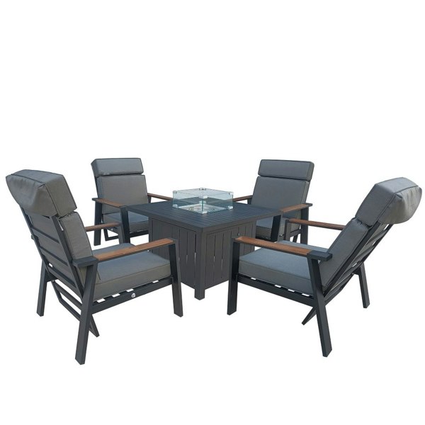 Furniture One Outdoor Aluminium Patio 5 Piece Dining Set, 4 Seater Garden Furniture Set with Firepit Table, Padded Armchair & Thick Cushions