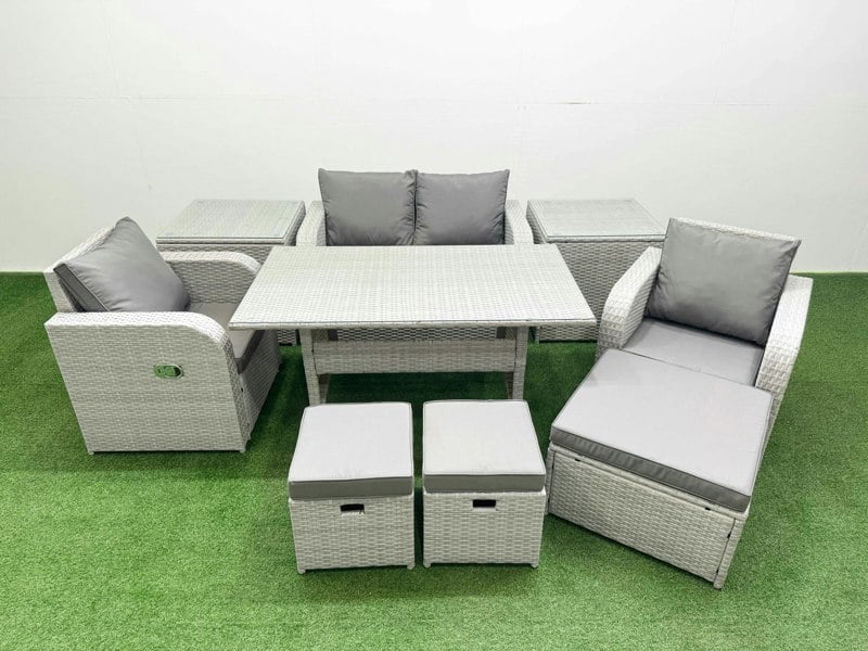 Fimous Light Grey PE Wicker Rattan Garden Furniture Set Sofa Set Reclining Chair Rectangular Dining Table 7 Seater 3  Stools 2 Side Table