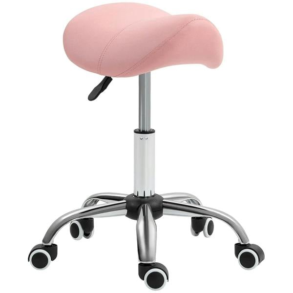 Pink faux-leather saddle stool with height adjustment, chrome base, rolling casters