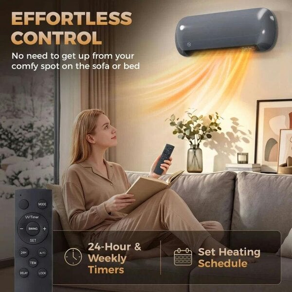 Bobobiy 2000W Ceramic Electric Heater with Fan, Adjustable Thermostat, Wall Mounted - Grey