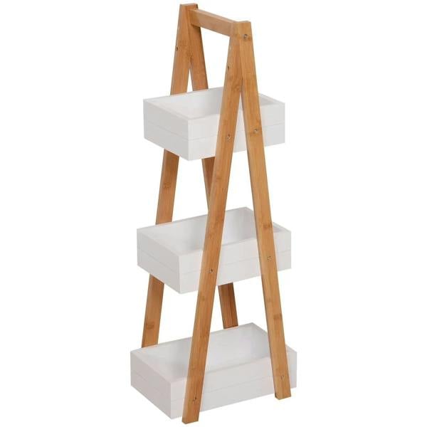 Angled view of freestanding 3-tier shower caddy with white bins and bamboo frame