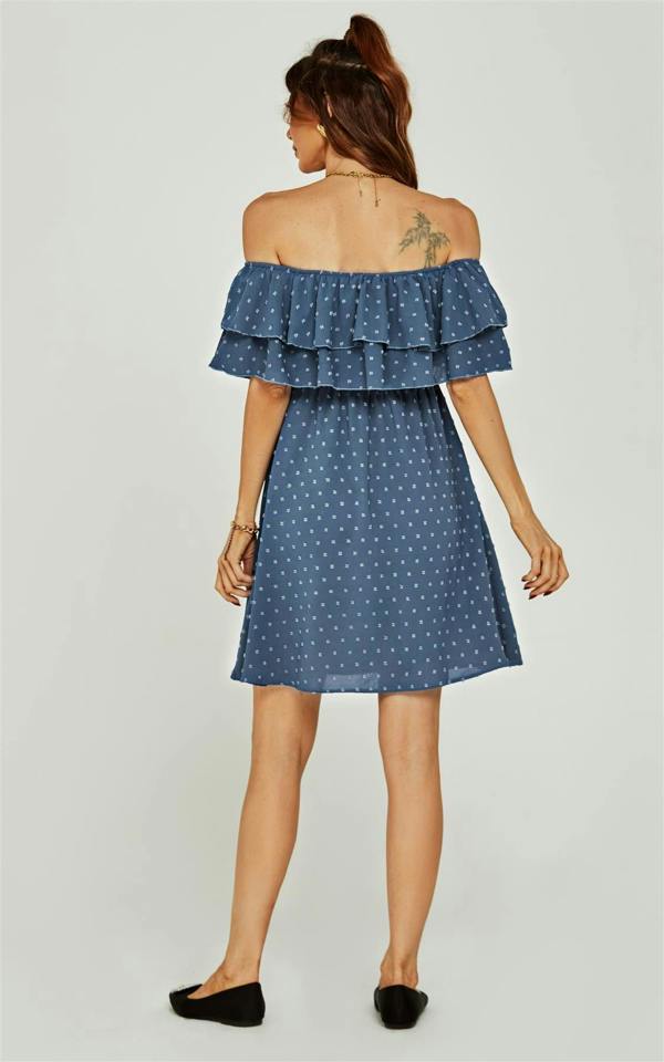 FS Collection Bardot Frill Mini Dress In Blue