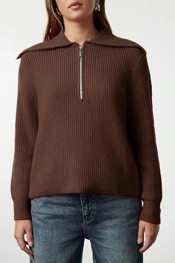 WOVCOR Oversize Polo Collar Knit Sweater with  Zipper Detail