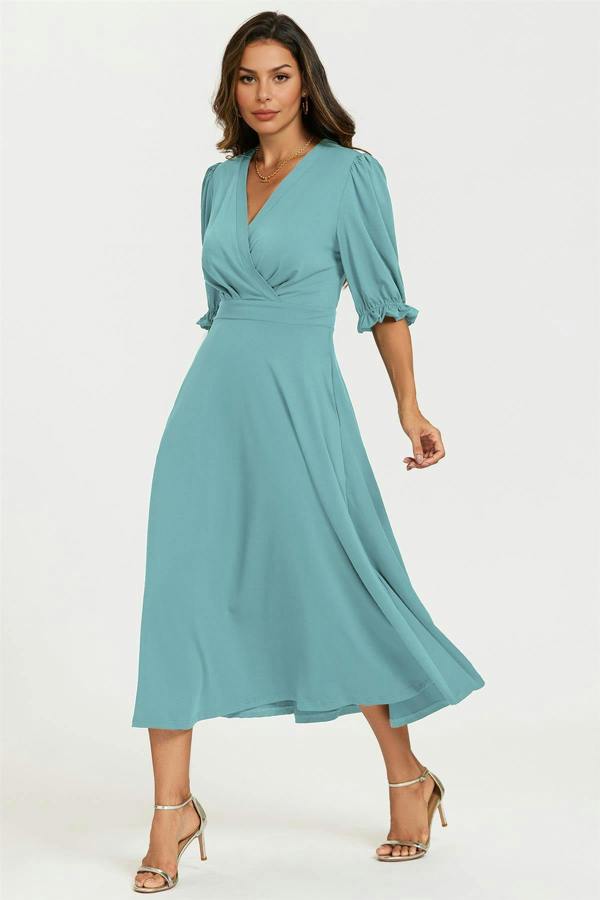 FS Collection Half Sleeves Jersey Midi Dress with Wrap Neckline In Grey Blue
