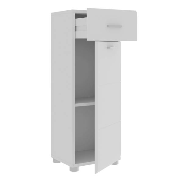 Furniture To Go Ice Cave Bathroom Storage Cupboard with 1 Door & 1 Drawer with Silver Handles in White with White High Gloss Door