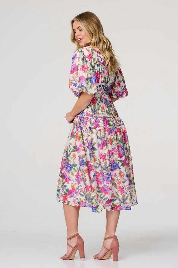 Pink | Floral 1/2 Puff Sleeve Midi Dress