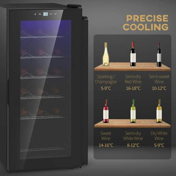 Black wine fridge with glass door; interior racks visible through tinted window