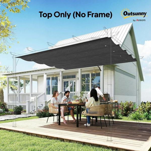Dark grey retractable pergola canopy top extended above outdoor dining set