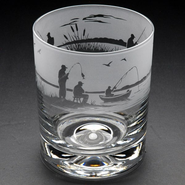 Glyptic Glass Art Fishing Whiskey Tumbler Glass - Hand Etched/Engraved Gift