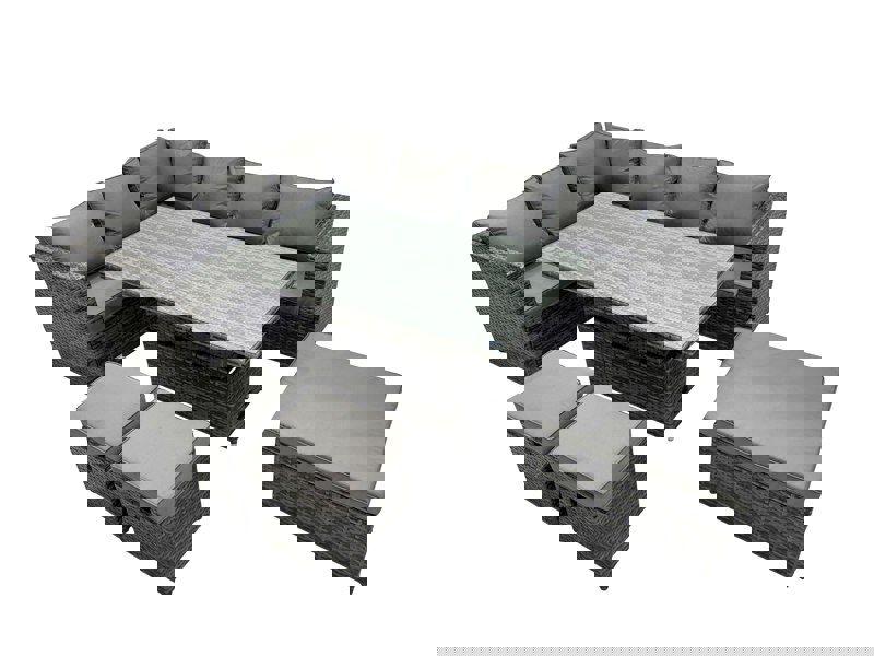 Fimous 9 seater Height Adjustable Rising Lifting Table Corner Sofa Set Rattan Garden Furniture Dining Set with 3 Stools Dark Grey Mixed