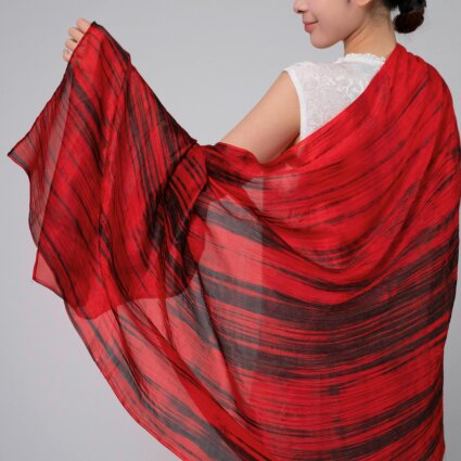 Red & Black Brushstroke Silk Scarf – Hand-Dyed Mulberry Silk, Evening Wrap & Gift