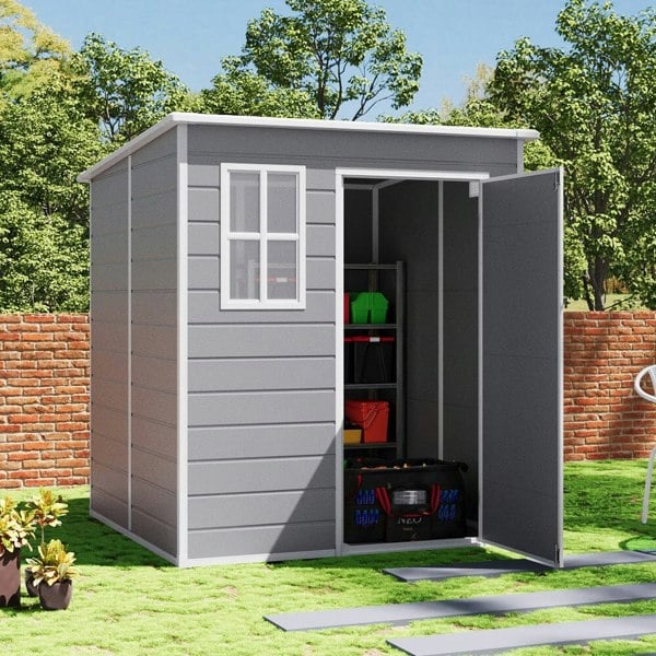 6 x 6FT Durable PP Storage Shed with Pent Roof, Window, and Vent (Ver.2) Living and Home