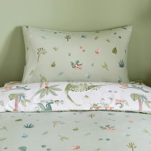 Catherine Lansfield Brushed Sleepy Saurus Dino Cotton Reversible Duvet Cover Set Cream