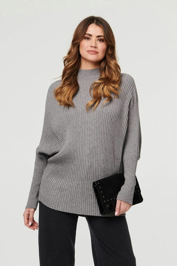 Grey | Striped Texture Batwing Sleeve Jumper
