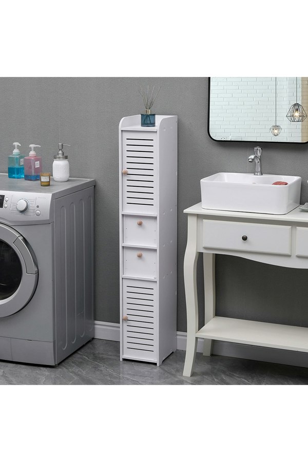 Living and Home White Wooden Tall Bathroom Freestanding Storage Cabinet
