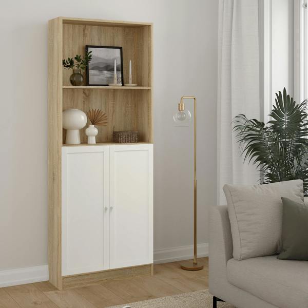 Furniture To Go Basic Tall Wide Combination Storage in Oak (4 Shelves) with 2 Doors in White