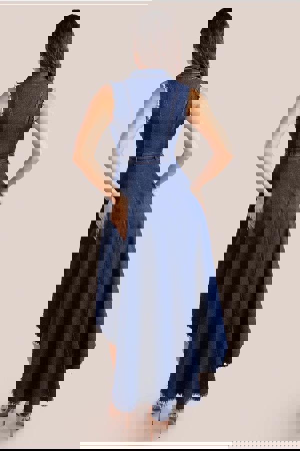 Denim Sleeveless High And Low Midaxi Dress - Navy Denim DR4131