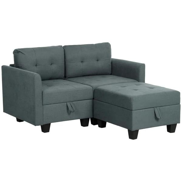 Dark grey L-shaped modular storage sofa with tufted back and chaise seating