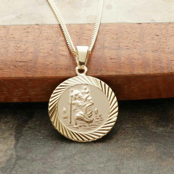 Christopher James of London 9ct Yellow Gold Plated 16mm Diamond Cut St Christopher Pendant With Optional Personalisation and Chain