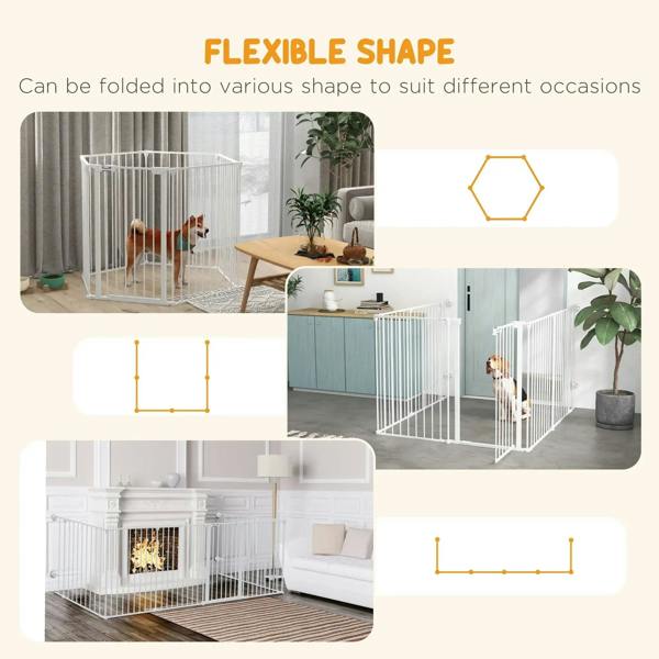 White foldable dog playpen shown in different foldable shapes and setups