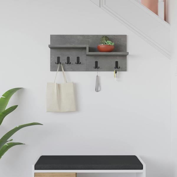 Decortie Harmon Modern Wall Mounted Coat Hanger with Open Shelf 5 Metal Hooks
