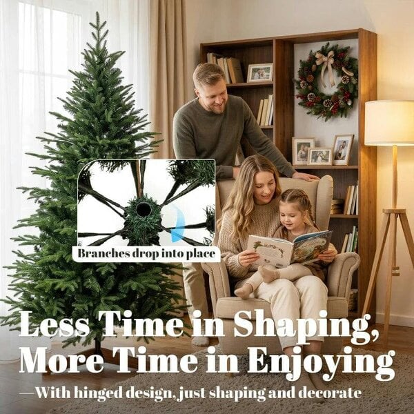 Bobobiy 180 cm Artificial Christmas Tree Full Hinged Xmas Tree Solid Pine Wood Stand, Green