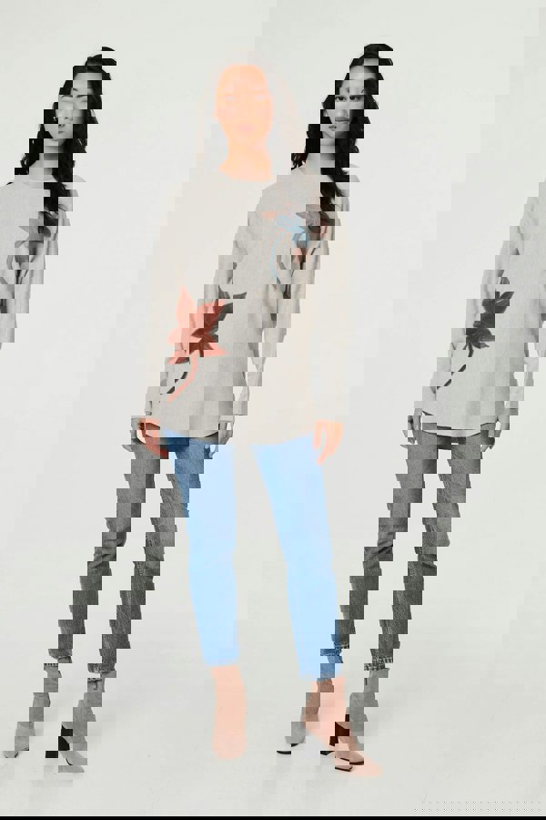 Grey | Leaf Print Batwing Sleeve Relaxed Top
