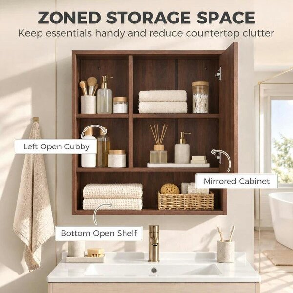 Bathroom Mirror Cabinet, Wall-Mounted Bathroom Cabinet with Mirror Door, Adjustable Shelves, Walnut Brown