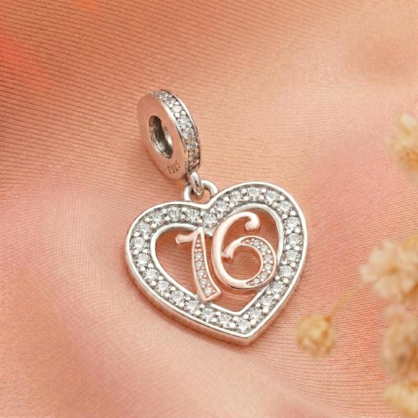 Parus Home 16th Birthday Charm Pandora Compatible 925 Sterling Silver Heart Dangle, Daughter Gift for Bracelet