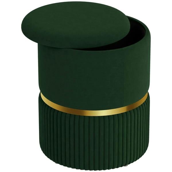 Dark green round velvet-feel storage ottoman with padded top and gold accent band