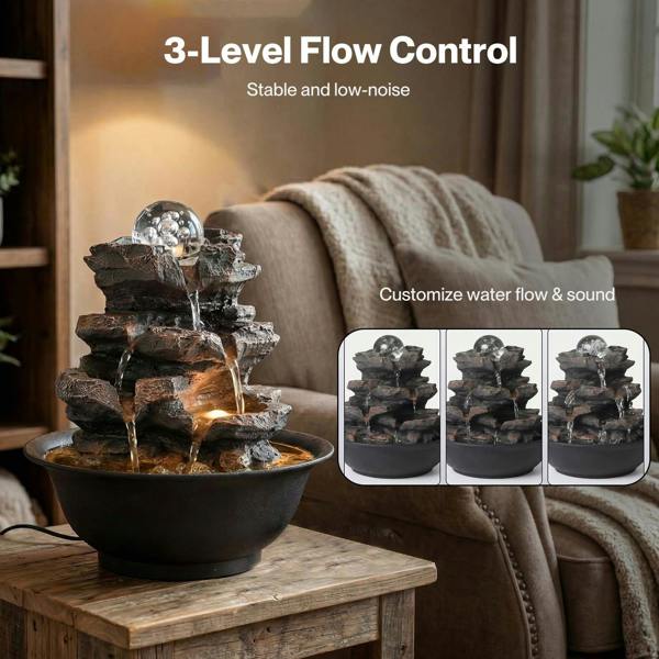 Spector Tabletop Water Fountain Indoor Water Feature LED Glass Ball Resin Brown
