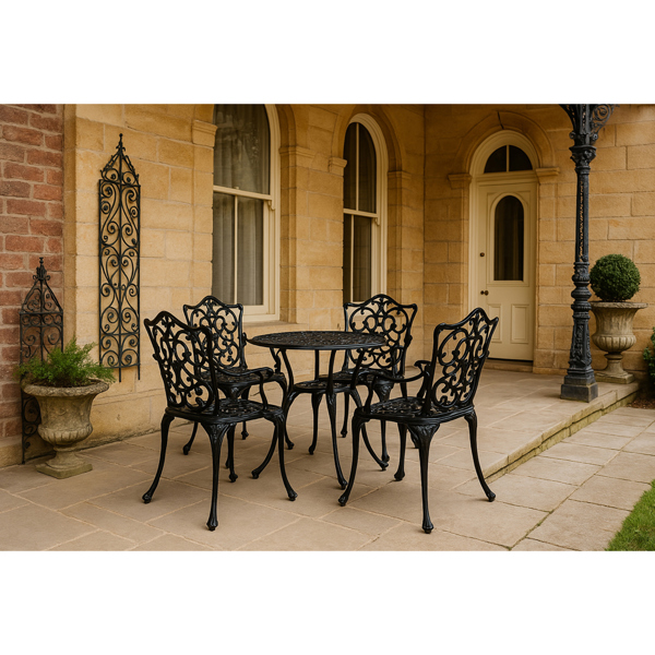 Centurion Supports TABREEZ Opulent Garden and Patio Table and 4 Large Chairs with Armrests Cast Aluminium Bistro Set - Black