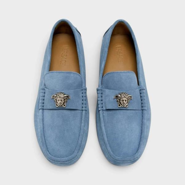 Supplied Fashion Versace La Medusa stone blue suede leather driver loafers with silver emblem