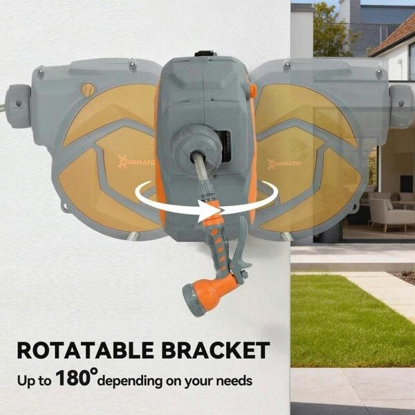 Bobobiy 10m Garden Hose Reel Wall Mounted Auto Rewind with 7 Patterns Spray Nozzle, Includes Wall Fixings, Orange