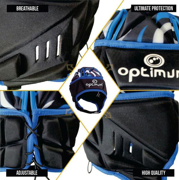 Optimum rugby headguard feature infographic: breathable vents, adjustable lacing, padded panels, blue - Optimum