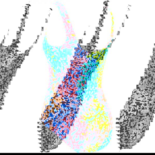 Zoggs Sea Change Thermal Ecofeel swimsuit in blue multi with multicolored coral print